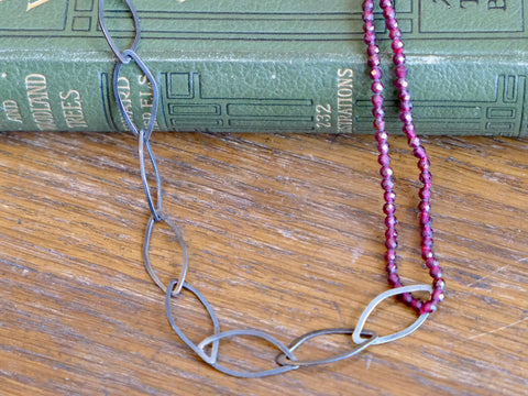 Oxidised Silver Leaf and Garnet Bead Necklace