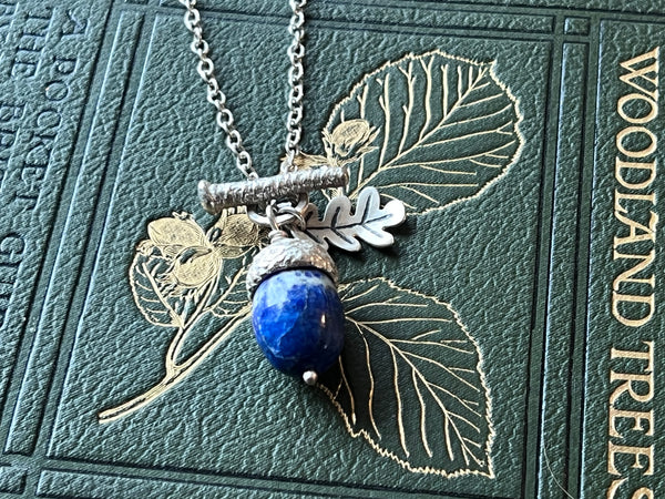Medium Acorn Pendant Lapis Lazuli Acorn, Silver Chain and Oak Leaf