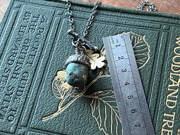 Medium Peruvian Blue Opal Acorn Pendant with Brass Oak Leaf