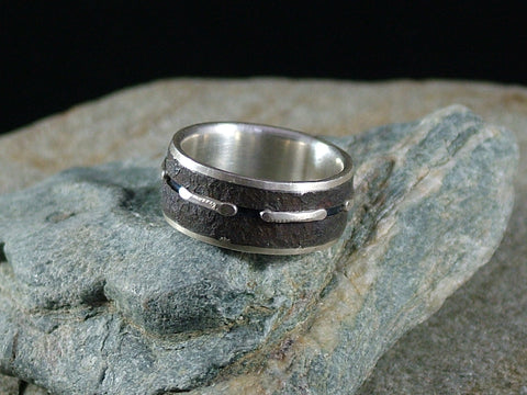Oxidised Mild Steel and Silver Ring with Silver Lines No.2