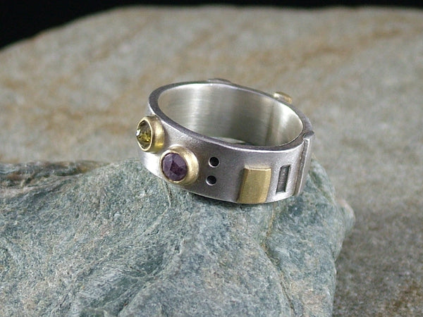 Silver Ring with 18 ct Gold and Two Rose Cut Natural Colour Diamonds No.1