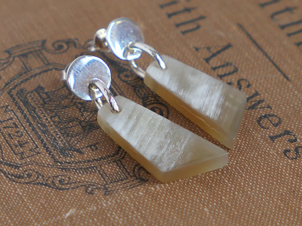 White Natural Buffalo Horn Drop Earrings - Silver