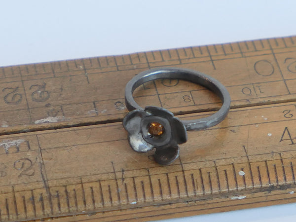 New Old Stock Oxidised Silver Flower Ring with Citrine