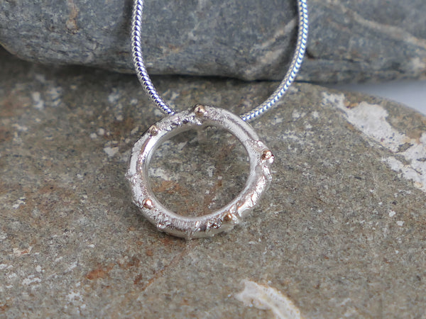 Reticulated Silver Circle Necklace with Gold Granules - Medium