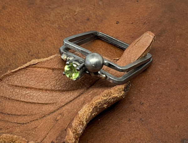 Fine Oxidised Silver Square Ring Set with Peridot