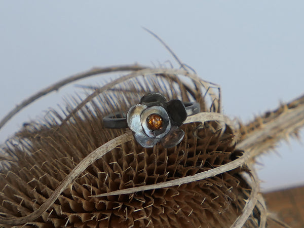 New Old Stock Oxidised Silver Flower Ring with Citrine