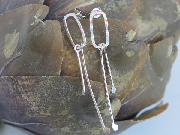 Small Open Rectangle Earrings with Two Long Silver Drops
