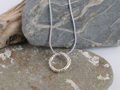 Reticulated Silver Circle Necklace with Gold Granules - Medium