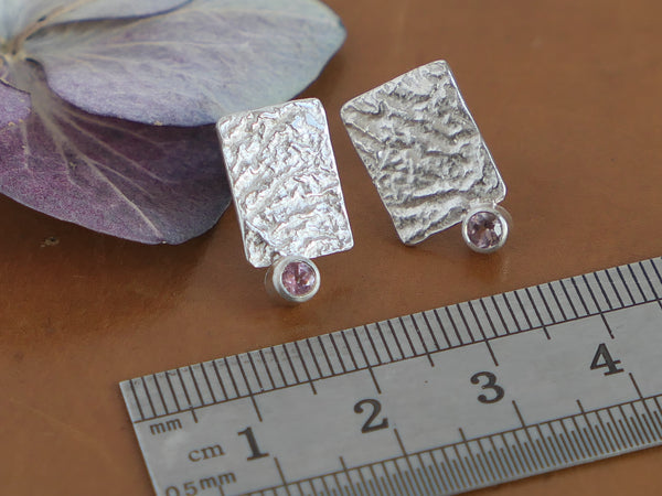 Reticulated Rectangular Stud Earrings set with Pink Tourmaline