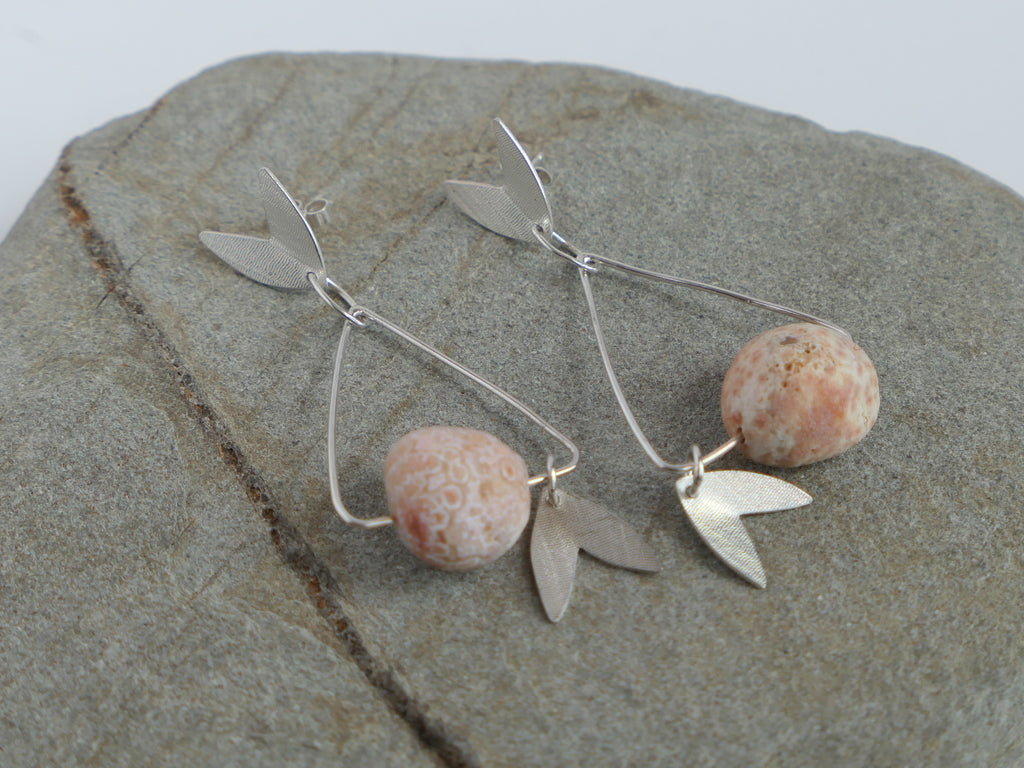 Silver Triangle and Petal Earrings with Agate Geode Beads
