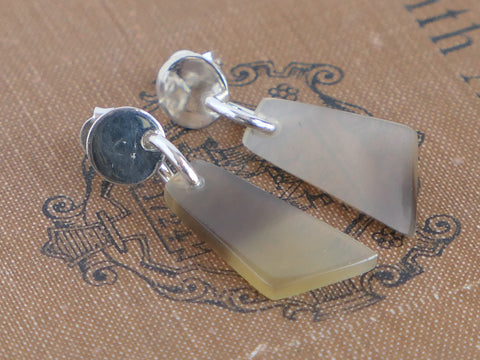 Brown Natural Buffalo Horn Drop Earrings - Silver