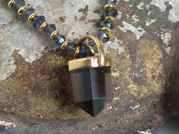 Small Smoky Quartz Point on Iolite Bead Necklace