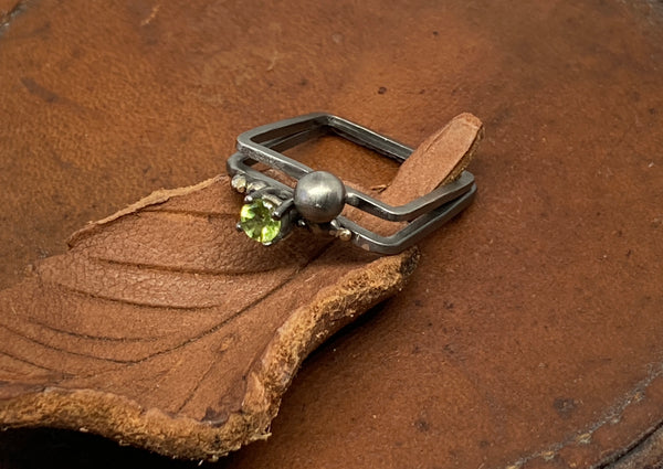 Fine Oxidised Silver Square Ring Set with Peridot