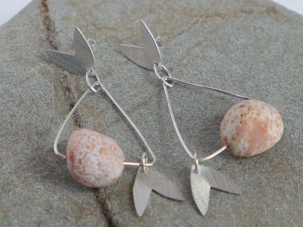 Silver Triangle and Petal Earrings with Agate Geode Beads