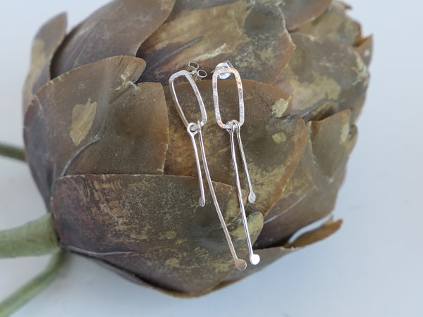 Small Open Rectangle Earrings with Two Long Silver Drops