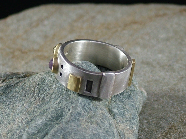 Silver Ring with 18 ct Gold and Two Rose Cut Natural Colour Diamonds No.1