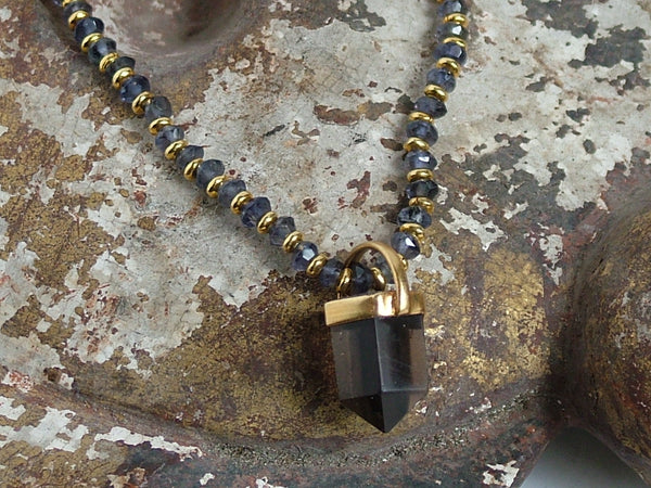 Small Smoky Quartz Point on Iolite Bead Necklace