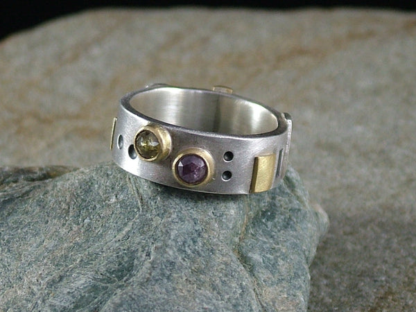 Silver Ring with 18 ct Gold and Two Rose Cut Natural Colour Diamonds No.1