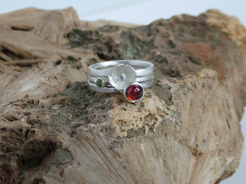 Silver Ring Trio with Garnet and Peridot