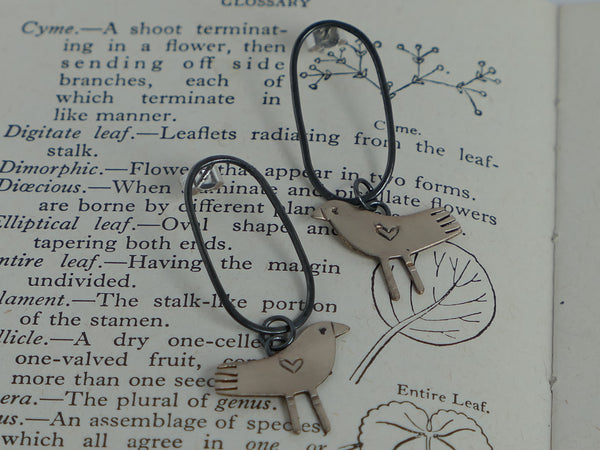 Bronze Bird on Oval Oxidised Silver Hoop
