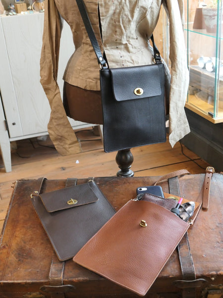 Flat Leather Crossbody Turnlock Bag
