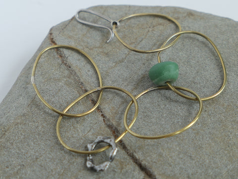 Brass Bracelet with Molten Silver Bead and Green African Glass Bead