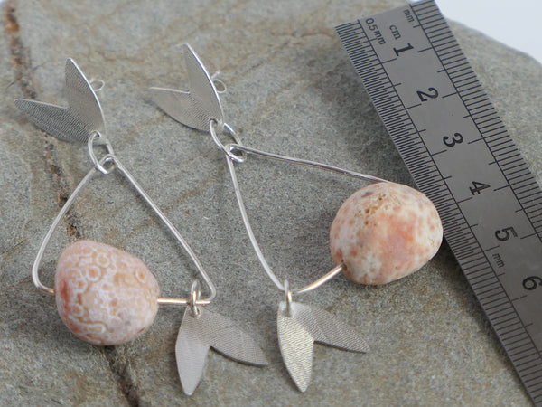 Silver Triangle and Petal Earrings with Agate Geode Beads