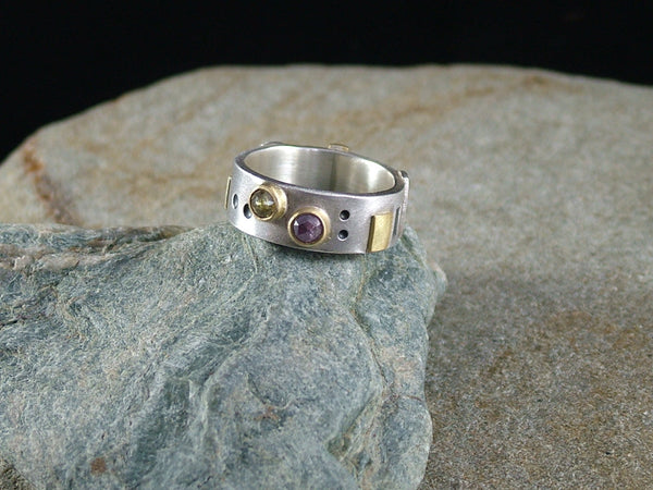 Silver Ring with 18 ct Gold and Two Rose Cut Natural Colour Diamonds No.1