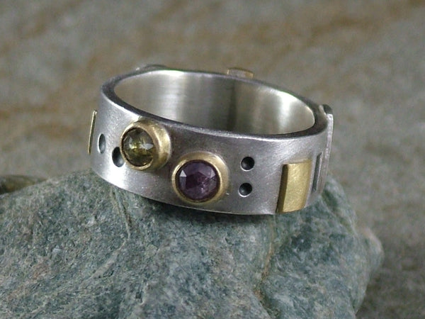 Silver Ring with 18 ct Gold and Two Rose Cut Natural Colour Diamonds No.1