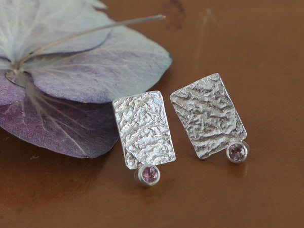 Reticulated Rectangular Stud Earrings set with Pink Tourmaline