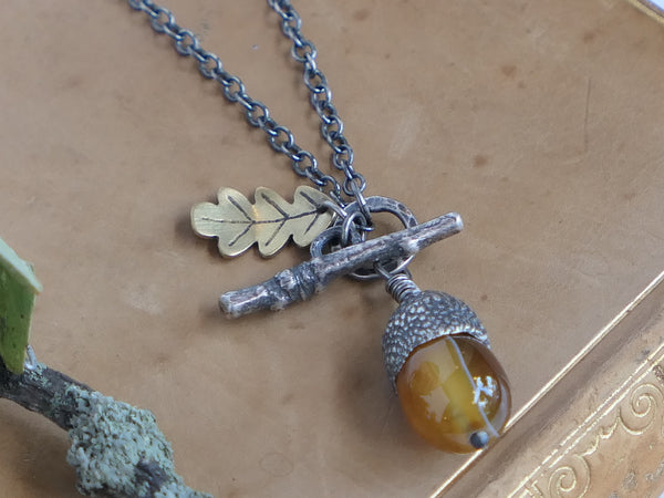 Small Acorn Pendant with Agate and Brass Oak Leaf
