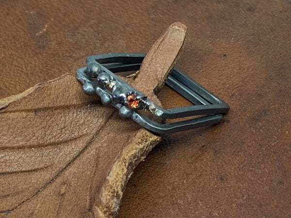 Fine Oxidised Square Ring Set with Orange Sapphire