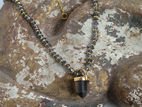 Small Smoky Quartz Point on Iolite Bead Necklace