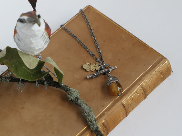Small Acorn Pendant with Agate and Brass Oak Leaf