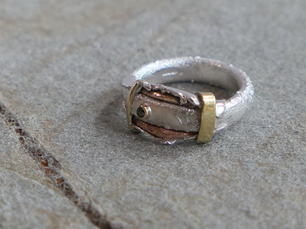 Mixed Metal Silver Ring with 3pt Black Diamond