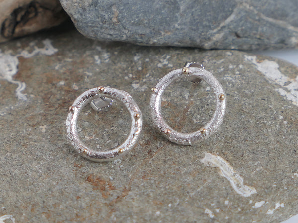 Reticulated Silver Circle Studs with Gold Granules - Medium