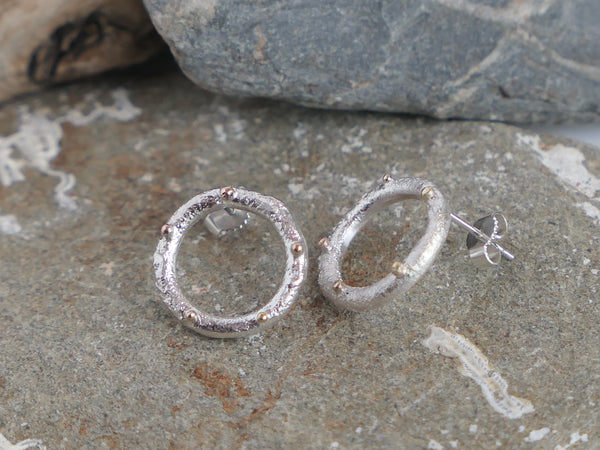 Reticulated Silver Circle Studs with Gold Granules - Medium