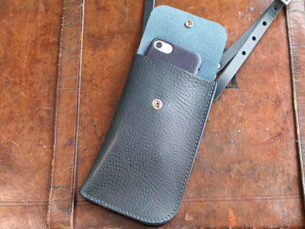 Navy Leather Crossbody Phone Pouch