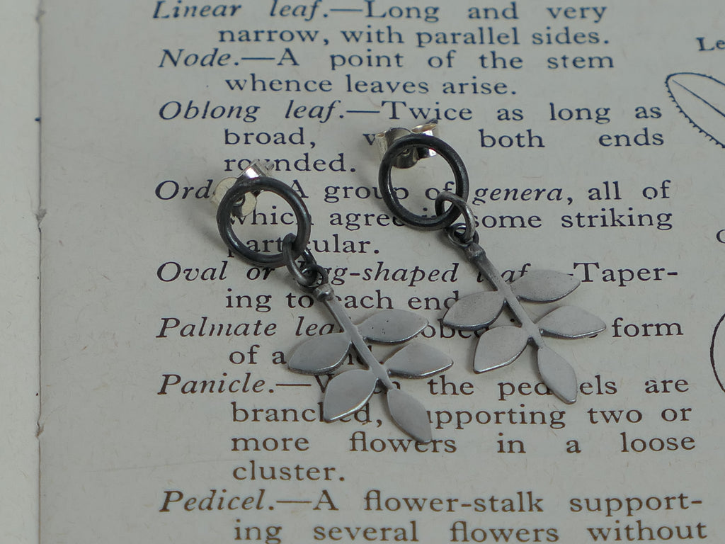 Silver Leaf on Oxidised Silver Circle Earrings