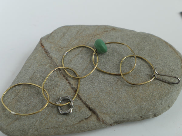 Brass Bracelet with Molten Silver Bead and Green African Glass Bead