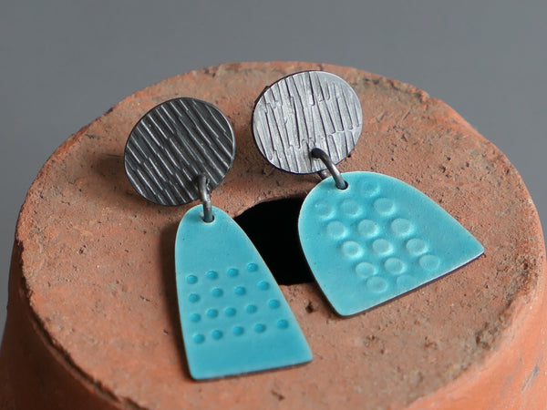 Leonora 3 Earrings, Turquoise Enamel, Oxidised Silver