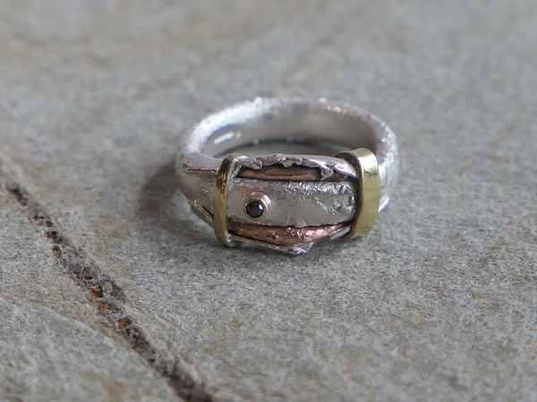 Mixed Metal Silver Ring with 3pt Black Diamond