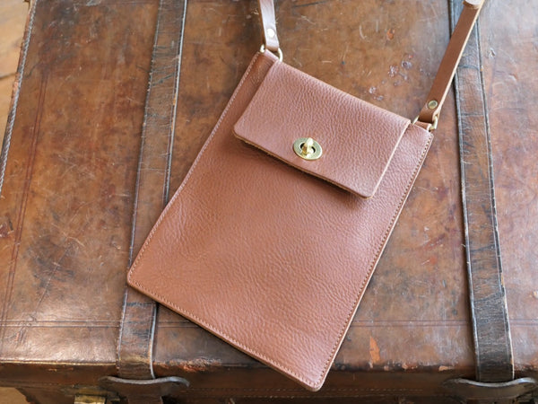 Flat Leather Crossbody Turnlock Bag