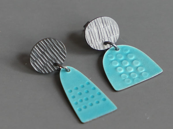 Leonora 3 Earrings, Turquoise Enamel, Oxidised Silver