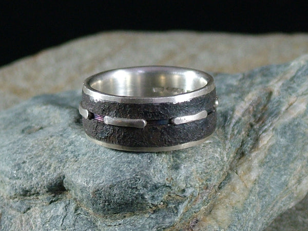 Oxidised Mild Steel and Silver Ring with Silver Lines No.2