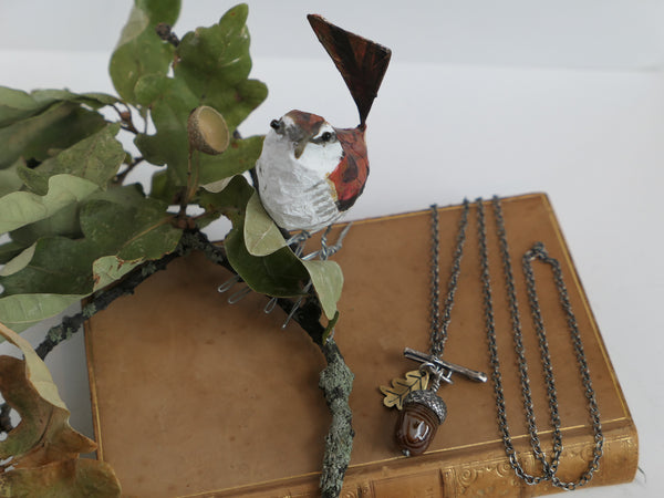 Small Acorn Pendant with Agate and Brass Oak Leaf on Long Chain