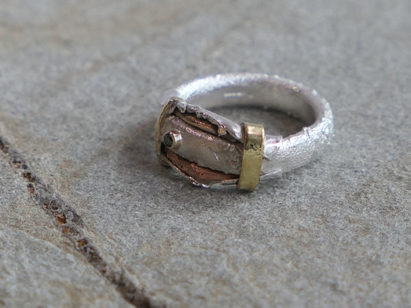 Mixed Metal Silver Ring with 3pt Black Diamond