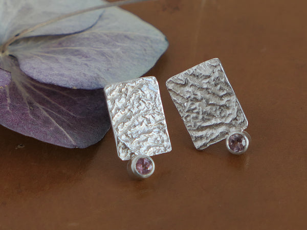 Reticulated Rectangular Stud Earrings set with Pink Tourmaline
