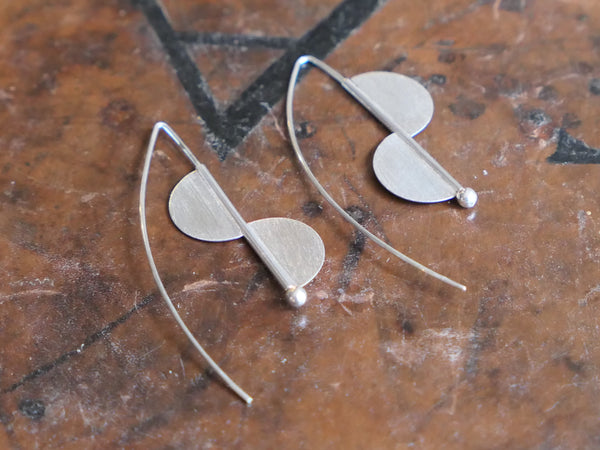 Silver Drop Earrings with Two Brushed Semi-Circular Beads