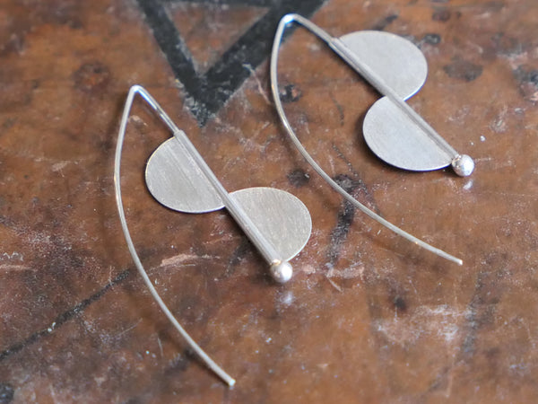 Silver Drop Earrings with Two Brushed Semi-Circular Beads